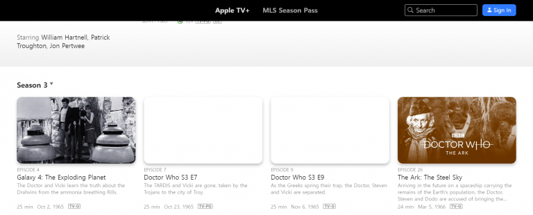 Apple TV listing for Doctor Who's Myth Makers